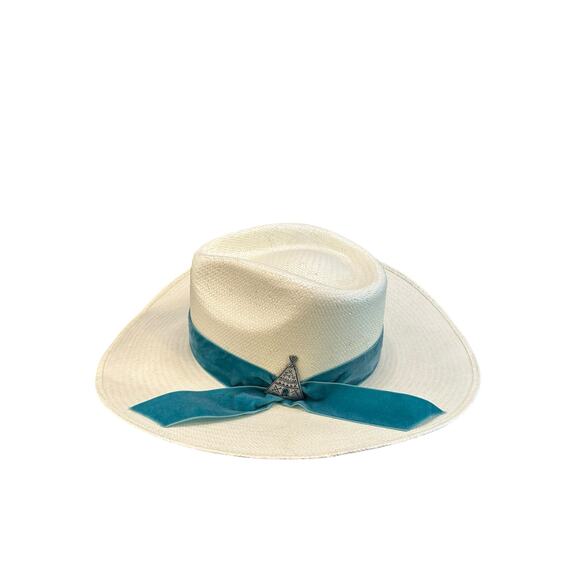 Charlie 1 Horse Women's Old Apache straw fashion hat turquois velvet band Size 7 - Picture 2 of 6